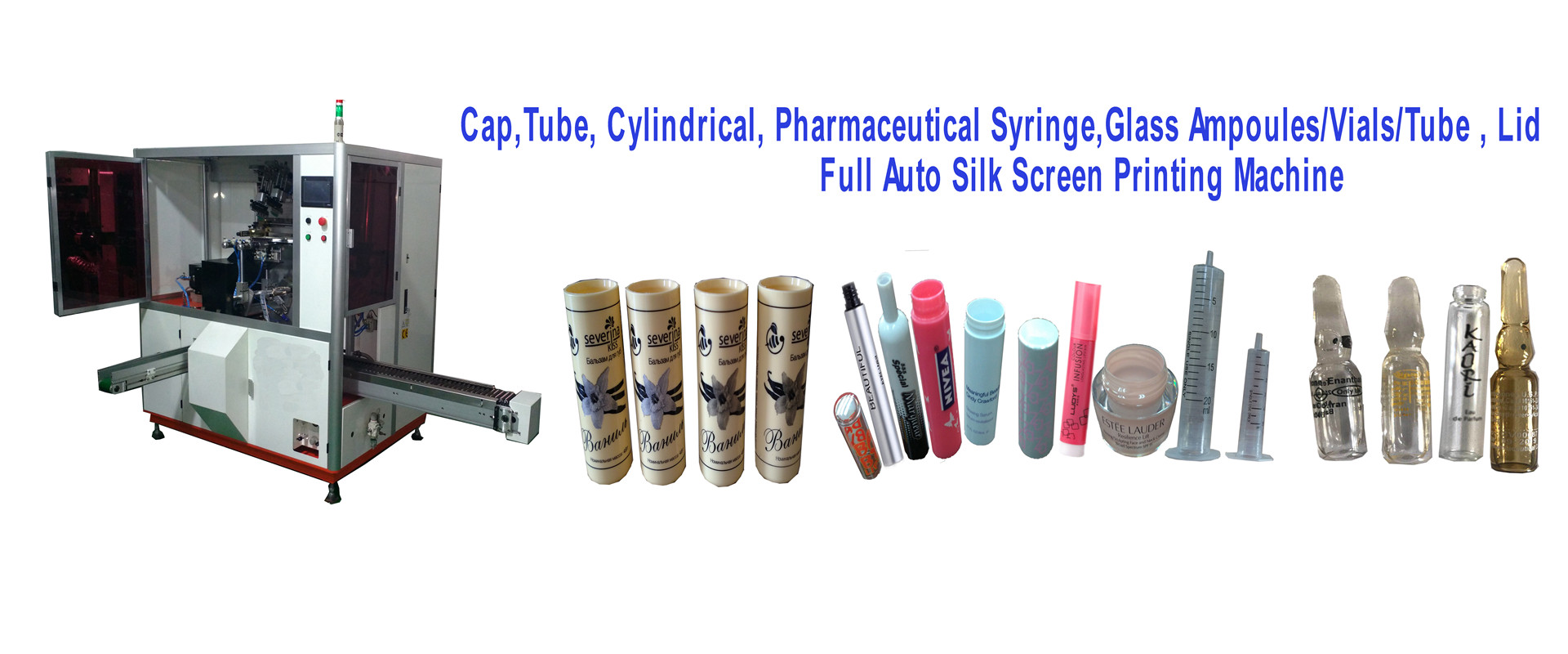 Cap,Tube, Cylindrical, Pharmaceutical Syringe,Glass Ampoules/Vials/Tube , Lid Full Auto Screen Printing Machine