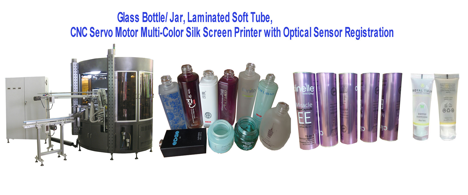 Glass Bottle, Jar , Laminated Soft Tube CNC Servo Multi-Color Screen Printer with Automatic Registration